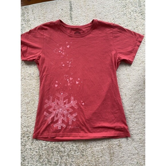 Life is Good Red Heart Size Medium Snowflake Short Sleeve Crusher Tee Cotton - Picture 1 of 7